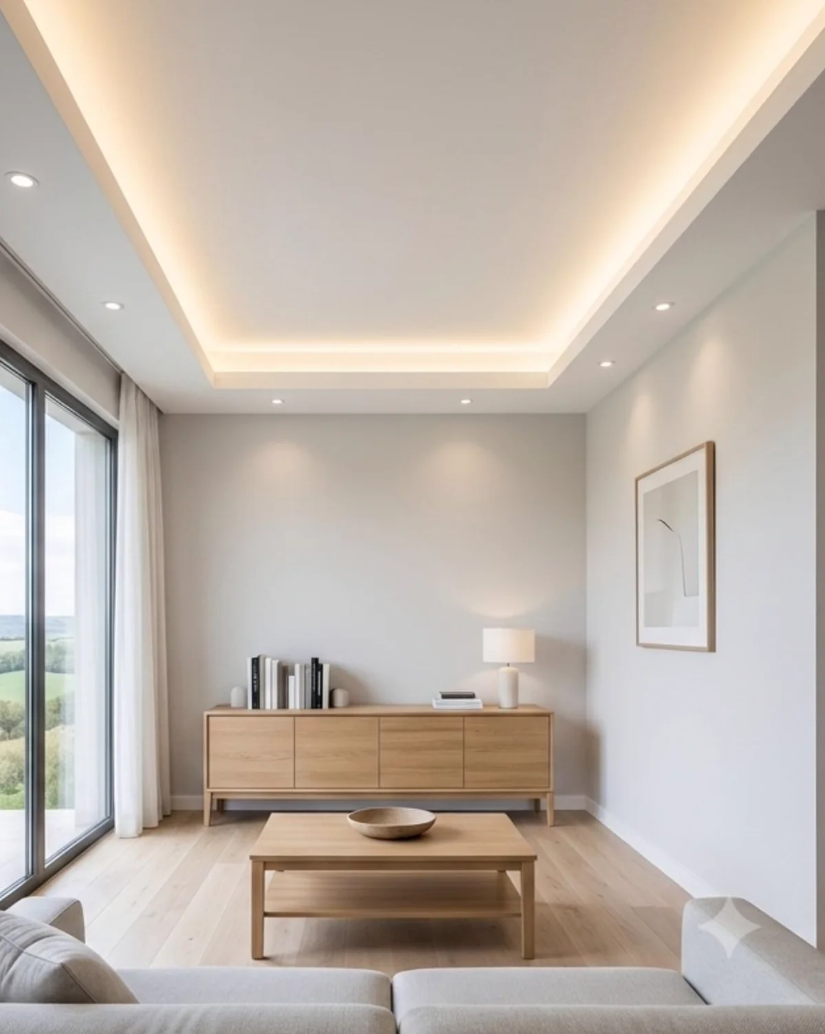 Salón reformado con techo continuo de pladur, foseado perimetral e iluminación LED indirecta