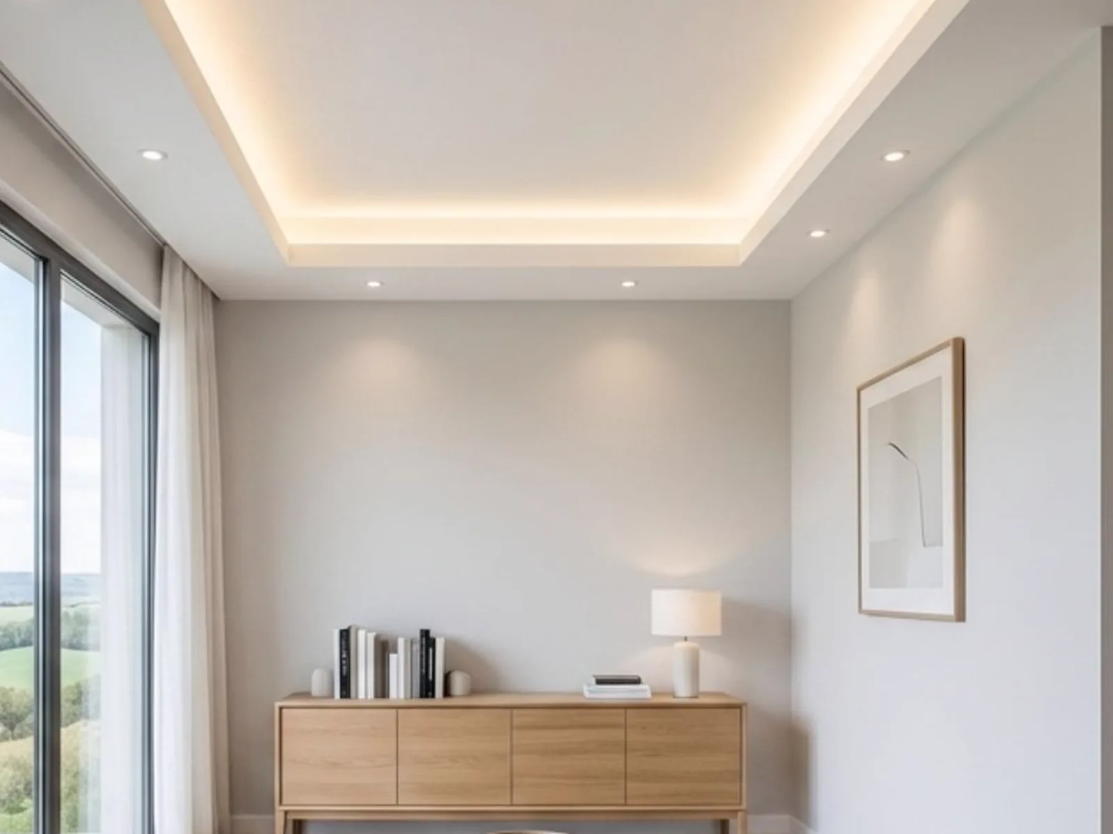 Salón reformado con techo de pladur, foseado perimetral e iluminación LED indirecta